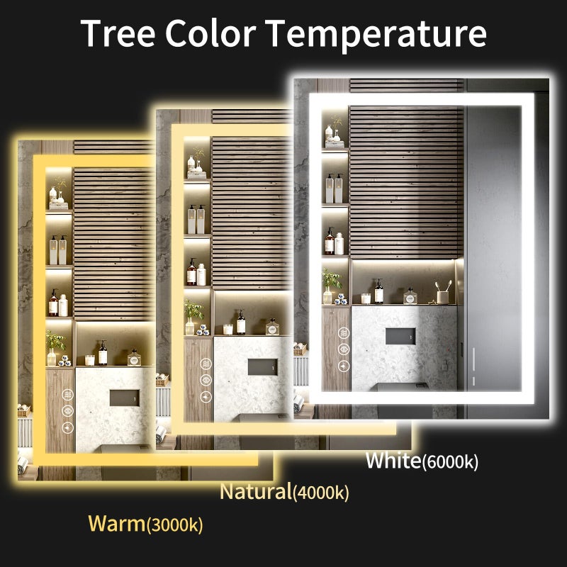 WISSMIELS مرآة حمام LED WISSMIELS 24"x36" مع أضواء، قابلة للتعتيم، مضادة للضباب، مرآة زينة حمام مضاءة للجدار، مضاءة من الخلف + من الأمام، وظيفة الذاكرة، مقاومة للكسر، زجاج مقسى - Image 5