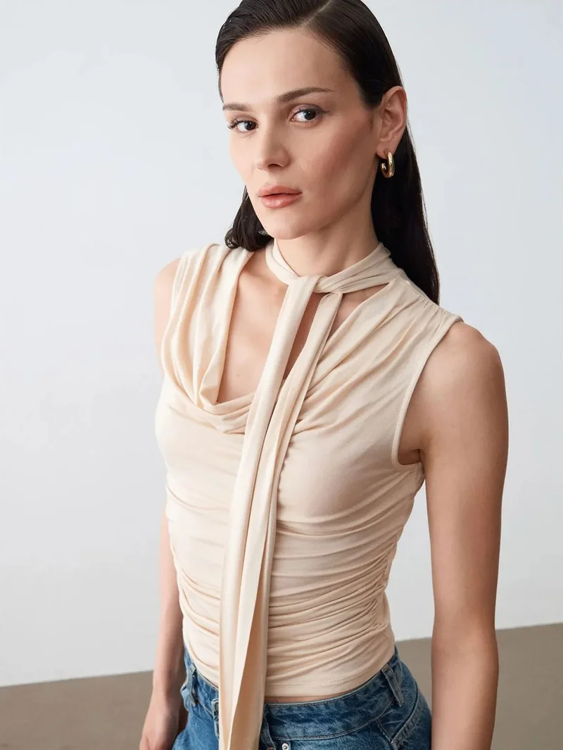 ديلفين DILVIN Sleeveless Cowl Neck Jersey Blouse