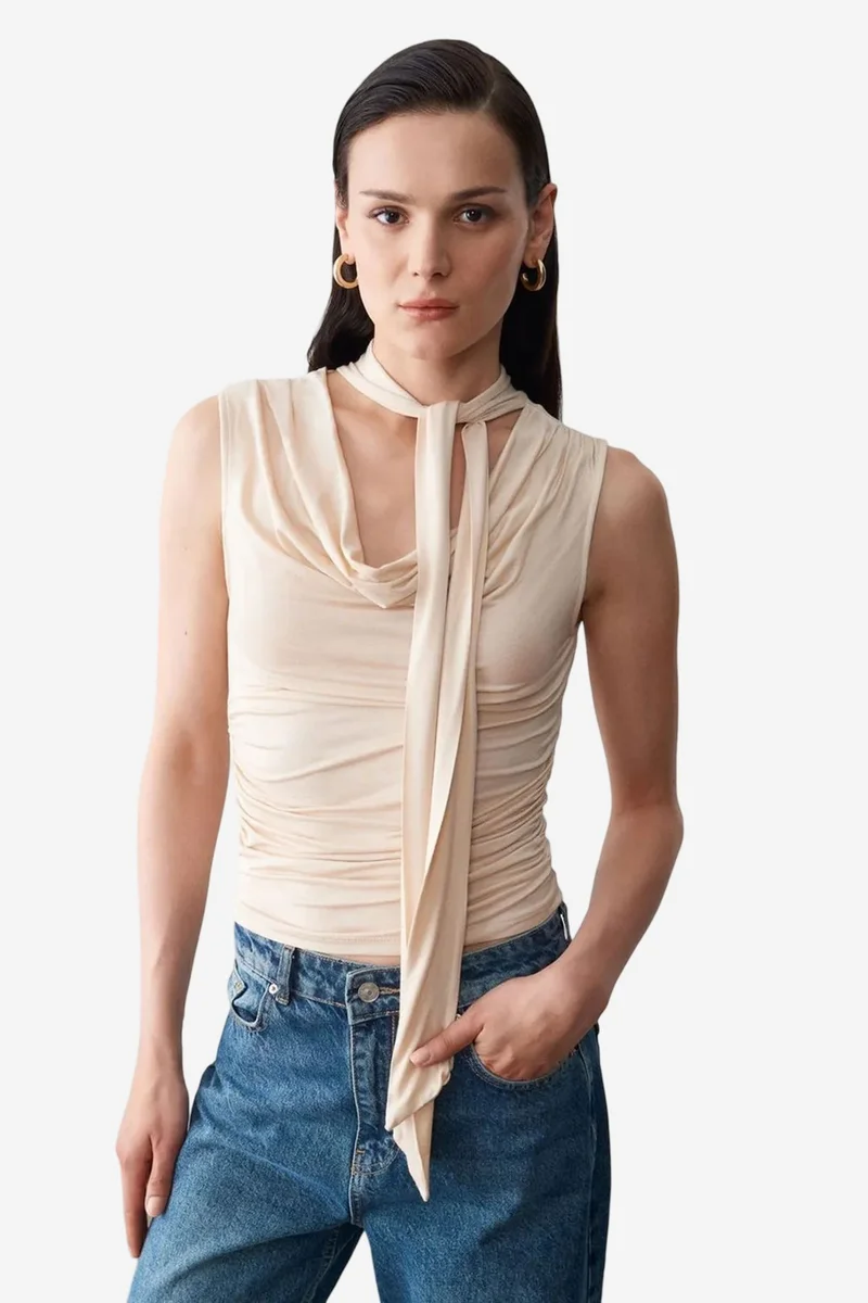 DILVIN Sleeveless Cowl Neck Jersey Blouse