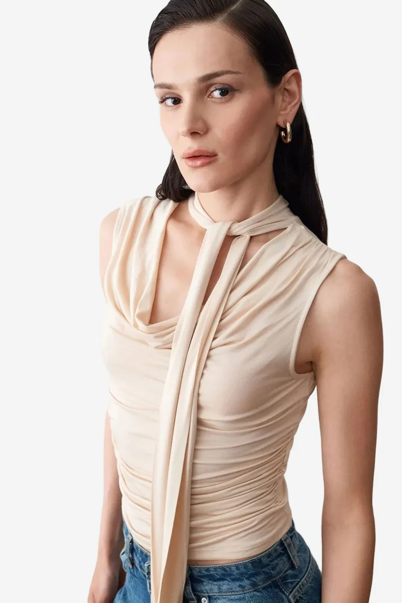 Dilvin Beige Natural DILVIN Sleeveless Cowl Neck Jersey Blouse for Women | Best Price UAE