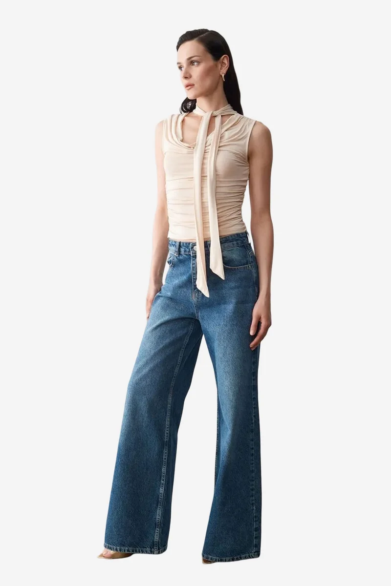 Dilvin Beige Natural DILVIN Sleeveless Cowl Neck Jersey Blouse for Women | Best Price UAE