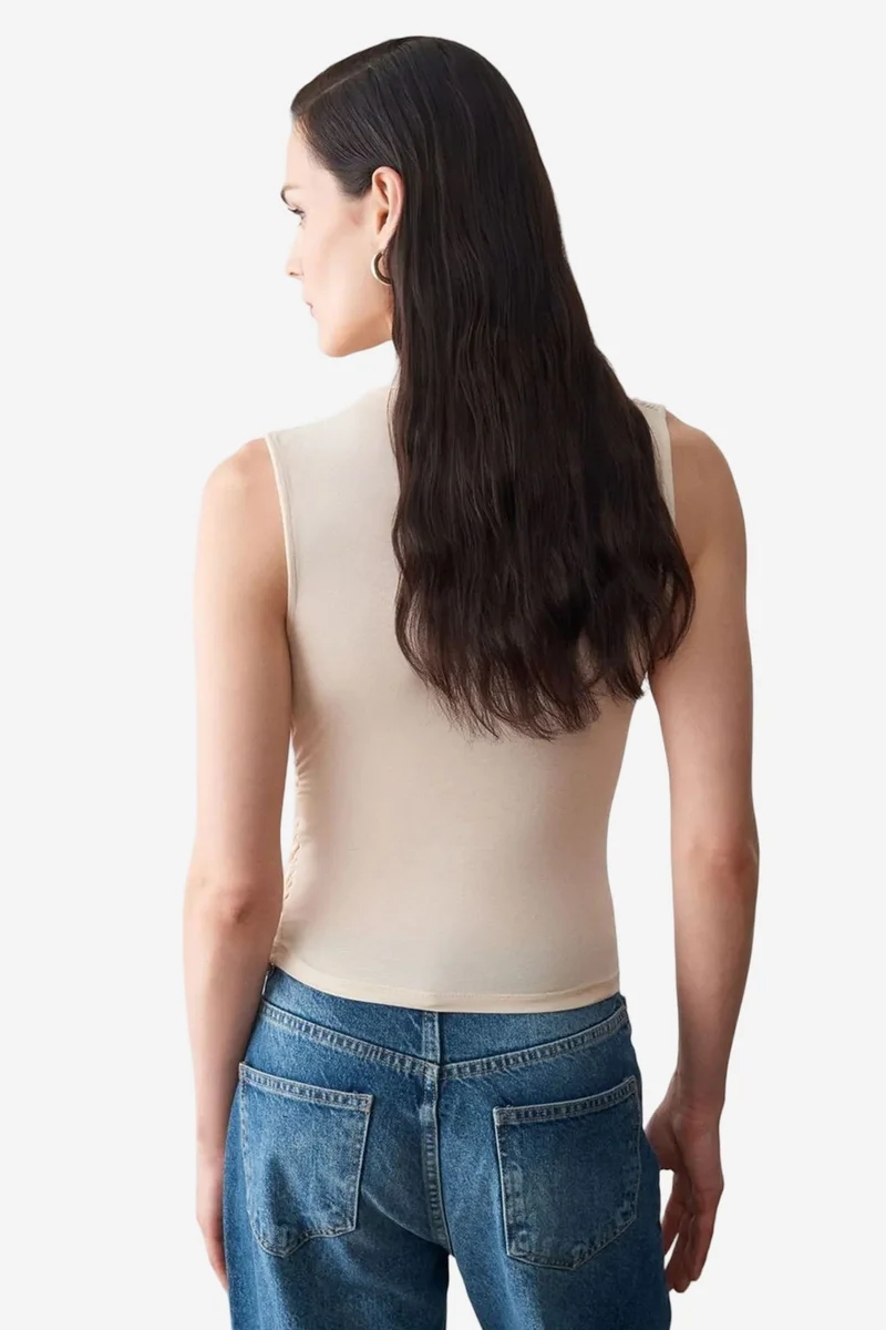 Dilvin Beige Natural DILVIN Sleeveless Cowl Neck Jersey Blouse for Women | Best Price UAE