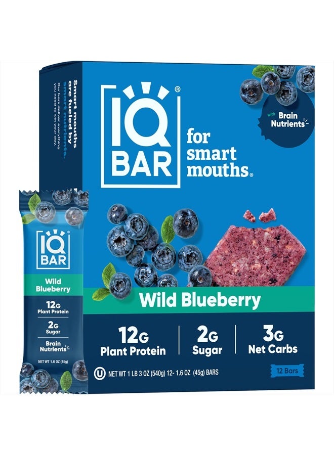 IQBAR Brain and Body Plant Protein Bars - Wild Blueberry - 12 Count, Low Carb, High Fiber, Gluten Free, Healthy Vegan Snacks - Low Sugar Keto Bar Pack  - Image 1
