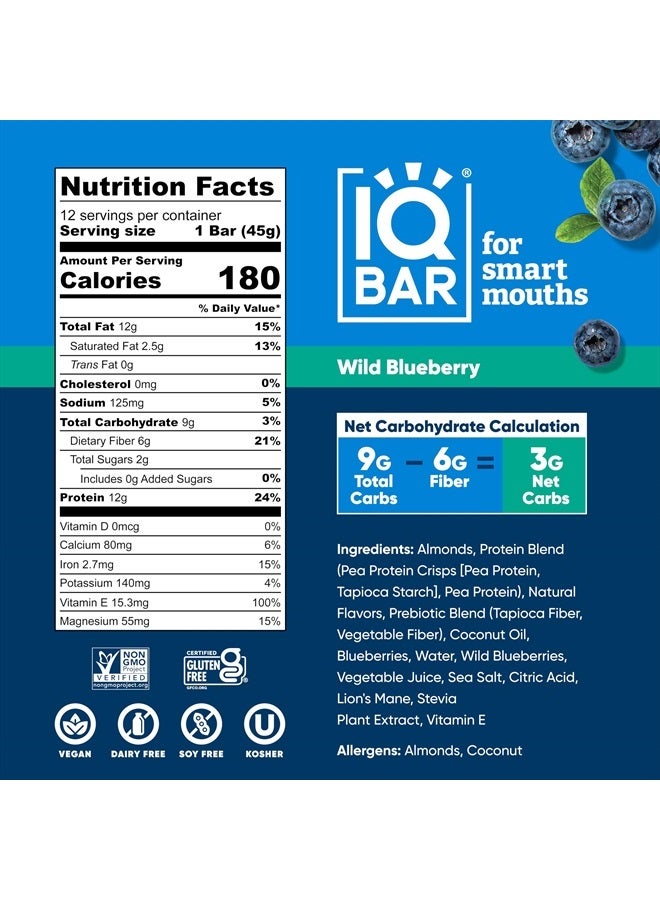 IQBAR Brain and Body Plant Protein Bars - Wild Blueberry - 12 Count, Low Carb, High Fiber, Gluten Free, Healthy Vegan Snacks - Low Sugar Keto Bar Pack  - Image 4