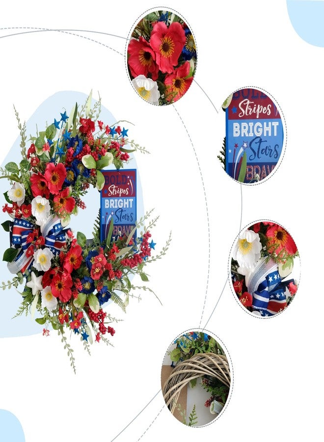 CIR OASES 20" Handcrafted Patriotic Wreath for Front Door- Red White Blue 4th of July Wreath with Silk Poppies, Metal Stars & Layered Bow, Memorial Day Independence Day Indoor/Outdoor Decor - Image 2