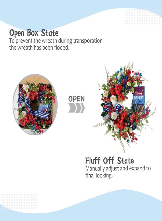 CIR OASES 20" Handcrafted Patriotic Wreath for Front Door- Red White Blue 4th of July Wreath with Silk Poppies, Metal Stars & Layered Bow, Memorial Day Independence Day Indoor/Outdoor Decor - Image 4