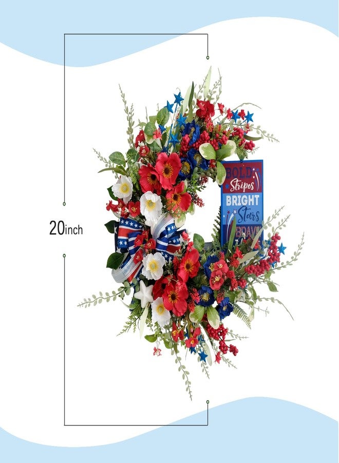 CIR OASES 20" Handcrafted Patriotic Wreath for Front Door- Red White Blue 4th of July Wreath with Silk Poppies, Metal Stars & Layered Bow, Memorial Day Independence Day Indoor/Outdoor Decor - Image 3
