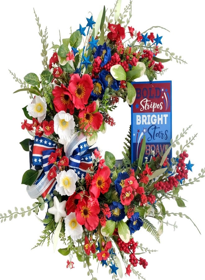 CIR OASES 20" Handcrafted Patriotic Wreath for Front Door- Red White Blue 4th of July Wreath with Silk Poppies, Metal Stars & Layered Bow, Memorial Day Independence Day Indoor/Outdoor Decor - Image 1