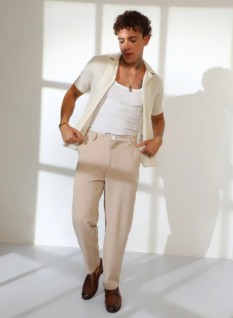 Campus Sutra Men's Khaki Brown Straight-Fit Tailored Trousers