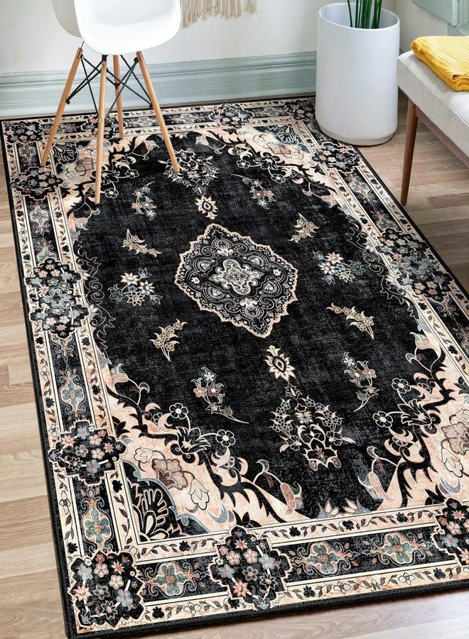 MUJOO Black Rug 3'x5' Washable, Boho Area Rugs for Entryway Bedroom Living Room Kitchen,Small Vintage Bohemian Distressed Farmhouse Non Slip Carpet,Floral - Image 1