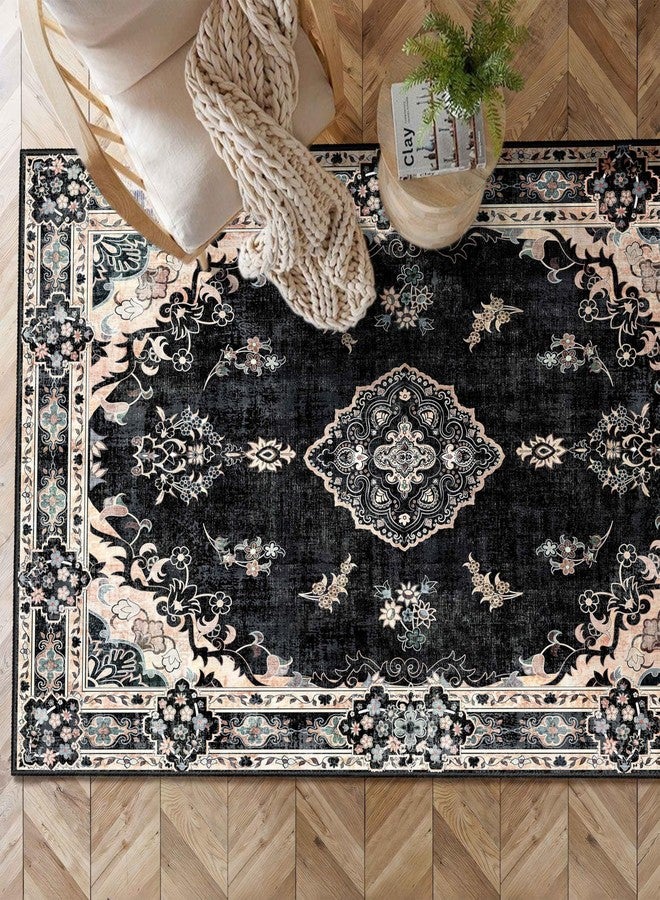 MUJOO Black Rug 3'x5' Washable, Boho Area Rugs for Entryway Bedroom Living Room Kitchen,Small Vintage Bohemian Distressed Farmhouse Non Slip Carpet,Floral - Image 2