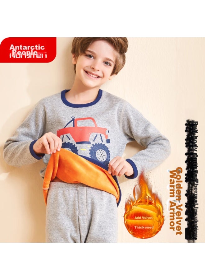 Nanjiren Nanjiren [school Uniform Essential] Children's Thermal Underwear, Boys' Winter Fleece-lined Thickened Undershirt And Pants, Pajama Set  - Image 1