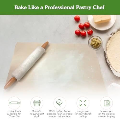 Regency Wraps Natural Pastry Cloth 20"x24" with 15”Rolling Pin Cover, 100% Cotton for Non-stick Dough Rolling, Achieve Perfect Dough for Baked Goods. - Image 3