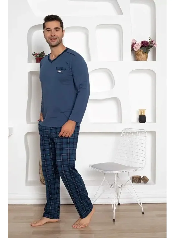 Bie'S Men's Plaid Pattern V Neck Chest Pocket Seasonal Cotton Long Sleeve Pocketed Pajama Set