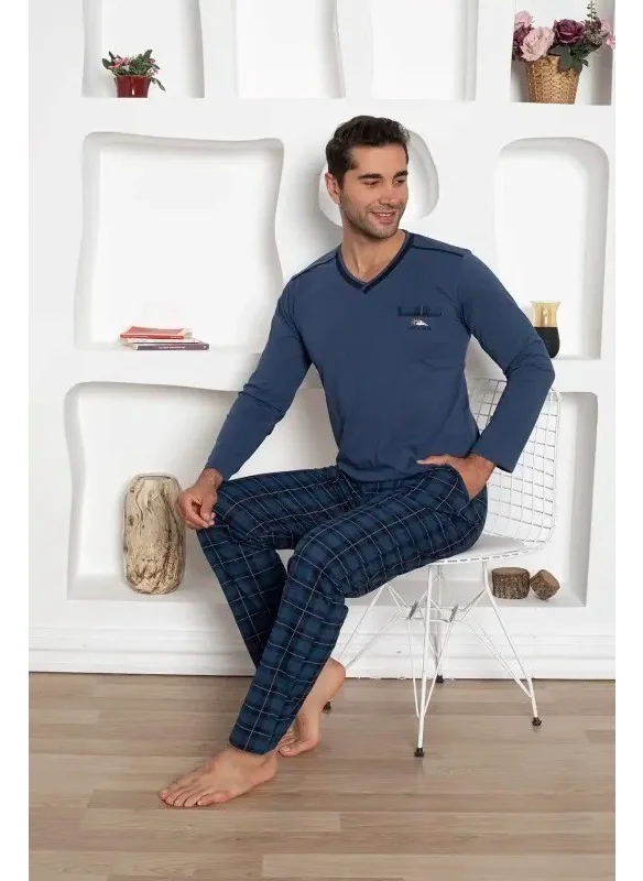 Bie'S Men's Plaid Pattern V Neck Chest Pocket Seasonal Cotton Long Sleeve Pocketed Pajama Set