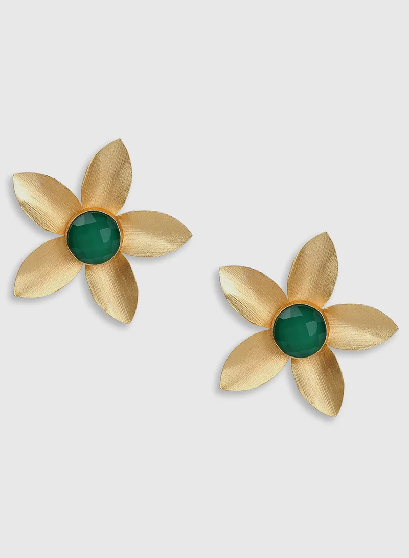 SOHI Green Stone-Studded Floral Artificial Stud Earring Jewellery