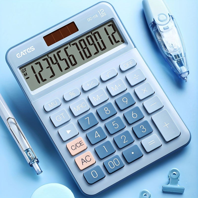 Blue Vintage Office Desk Calculator 12 Digit Battery Dual Power Financial Calculator With Large Buttons Large Display Screen For Office Home School - Image 4