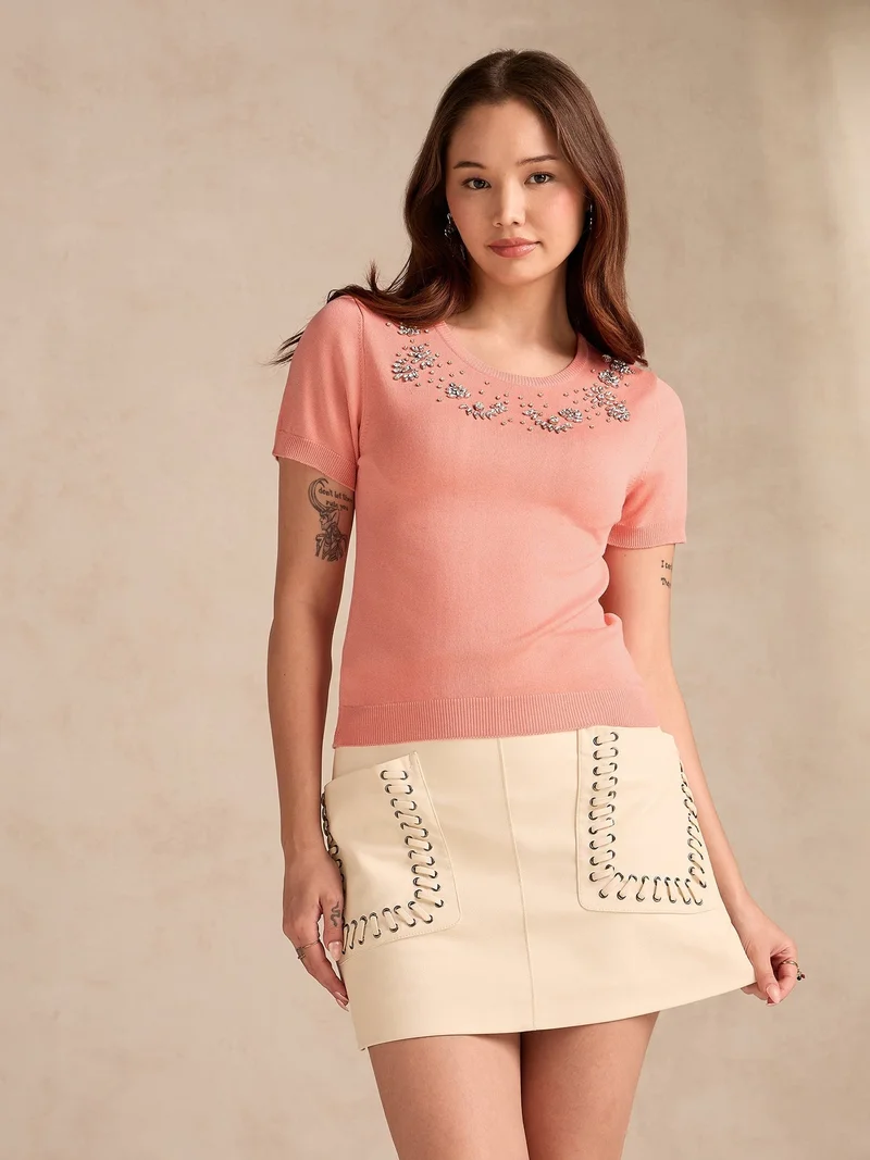 Outzidr  Peach Relaxed Knittedstudded Top for Women | Best Price UAE