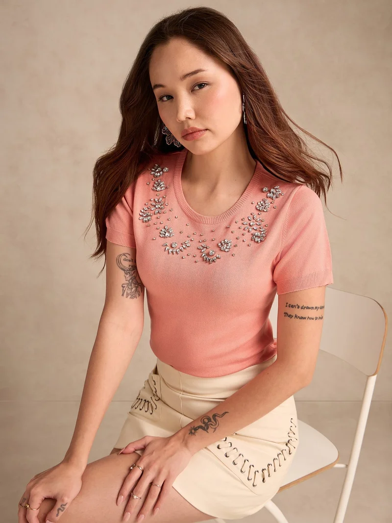 Outzidr  Peach Relaxed Knittedstudded Top for Women | Best Price UAE