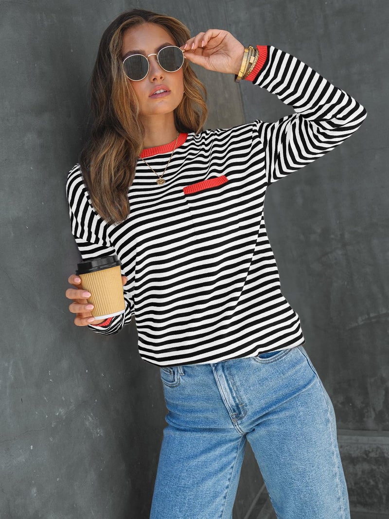 LILLUSORY Womens Sweaters 2025 Early Fall Fashion Must Have Clothes Outfits Striped Lightweight Oversized Ladies Cute Teacher Work Office Pullover Crewneck Long Sleeve Trendy Old Money Tops Clothing - Image 2