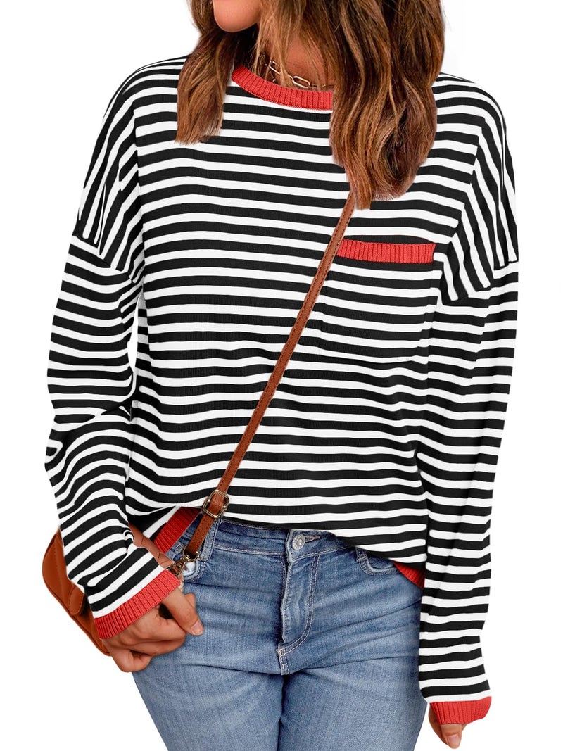 LILLUSORY Womens Sweaters 2025 Early Fall Fashion Must Have Clothes Outfits Striped Lightweight Oversized Ladies Cute Teacher Work Office Pullover Crewneck Long Sleeve Trendy Old Money Tops Clothing - Image 1