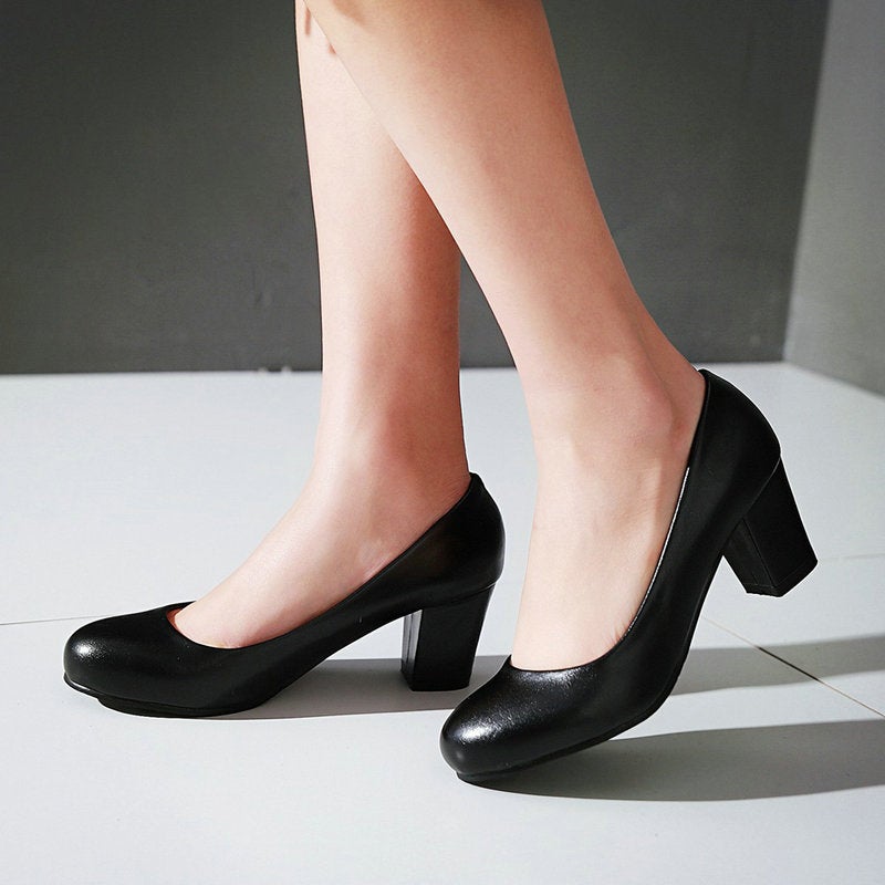 High Heels Women'S Round Toe Thick Heel Leather Work Professional Black Temperament Girl'S Waterproof Platform Spring Single Shoes - Image 4