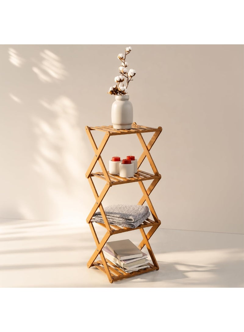 Lifelong Foldable 4-Tier Bamboo Storage Rack | Space Saving Wooden Shelf for Bathroom Essentials, Kitchen Storage, Bedroom Organizer, Living Room Display, Balcony Plants & Laundry Accessories - Image 1