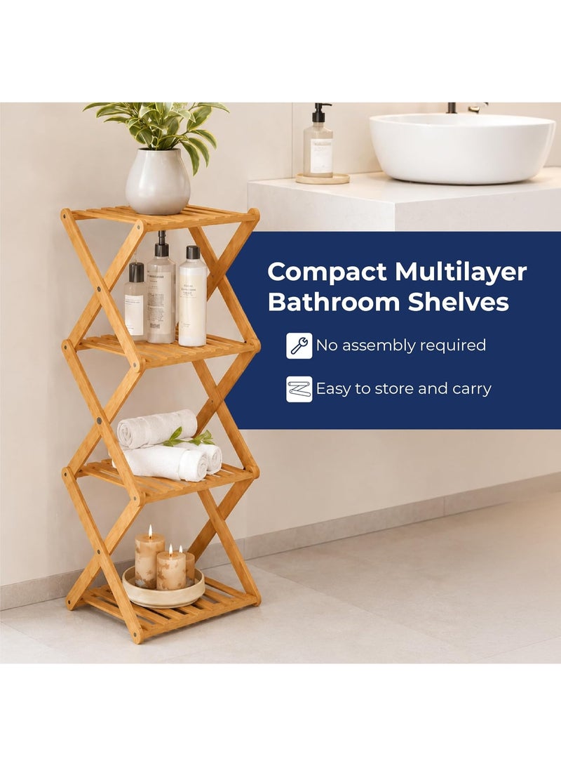 Lifelong Foldable 4-Tier Bamboo Storage Rack | Space Saving Wooden Shelf for Bathroom Essentials, Kitchen Storage, Bedroom Organizer, Living Room Display, Balcony Plants & Laundry Accessories - Image 2