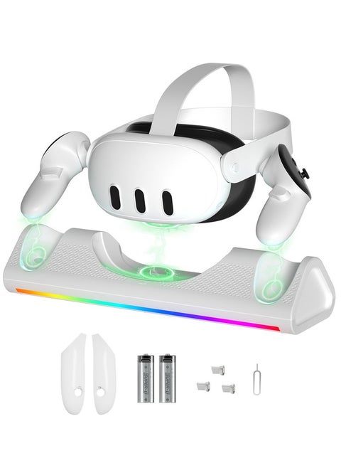 Dock for Meta/Oculus Quest 3, Fast Charging Station for Meta Quest 3 Headset Controllers and Other USB Device VR Accessories, RGB Charging Stand with Rechargeable Batteries