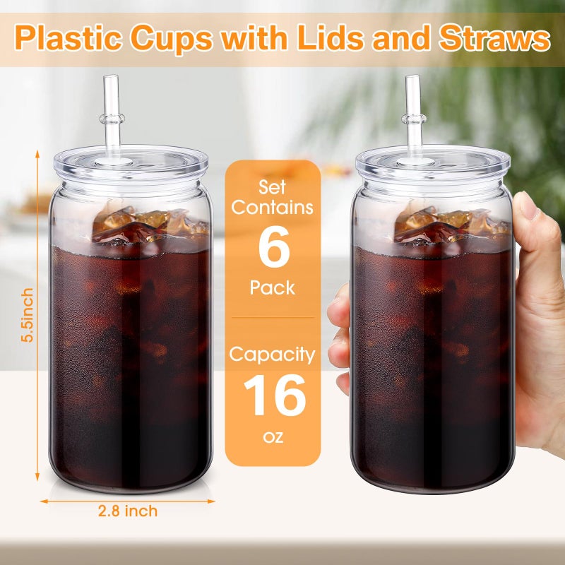 Blushtier 6 Pack Acrylic Mason Jars with Lids and Straws 16 oz Drinking Plastic Tumbler with Straw Iced Coffee Cups Water Bottles Mugs for Wedding Party Favor Water Milk Beer Juice Beverage (Clear) - Image 2