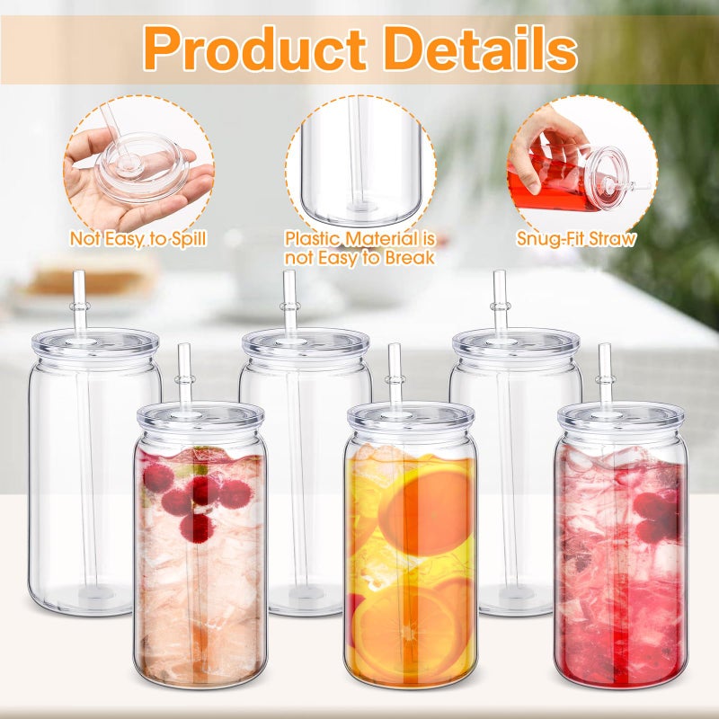 Blushtier 6 Pack Acrylic Mason Jars with Lids and Straws 16 oz Drinking Plastic Tumbler with Straw Iced Coffee Cups Water Bottles Mugs for Wedding Party Favor Water Milk Beer Juice Beverage (Clear) - Image 3