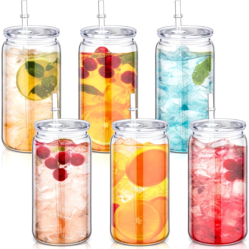 Blushtier 6 Pack Acrylic Mason Jars with Lids and Straws 16 oz Drinking Plastic Tumbler with Straw Iced Coffee Cups Water Bottles Mugs for Wedding Party Favor Water Milk Beer Juice Beverage (Clear) - Image 1