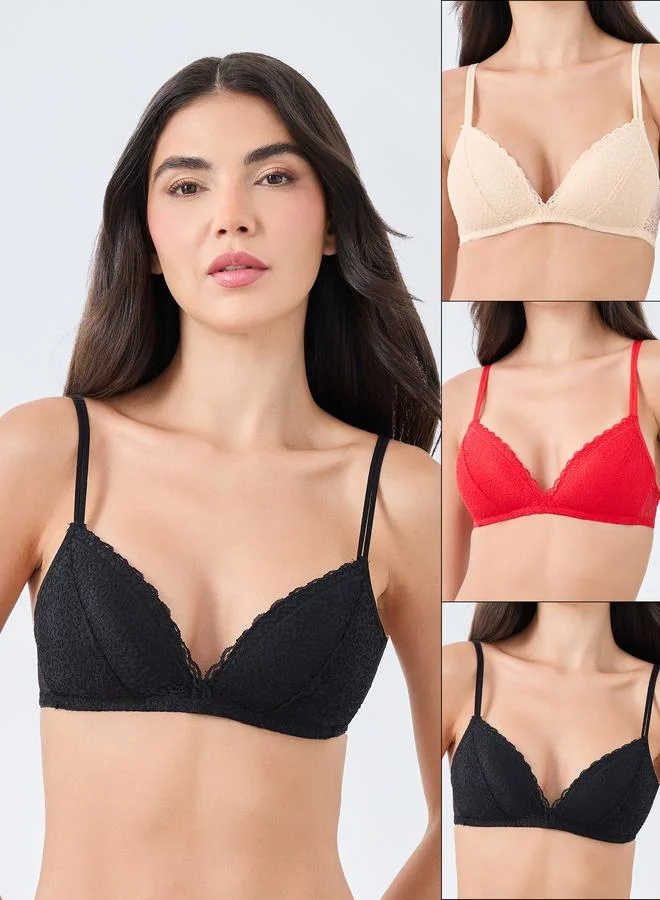 Styli Styli Pack of 3 - Double Strap Padded Non-Wired Lace Bra