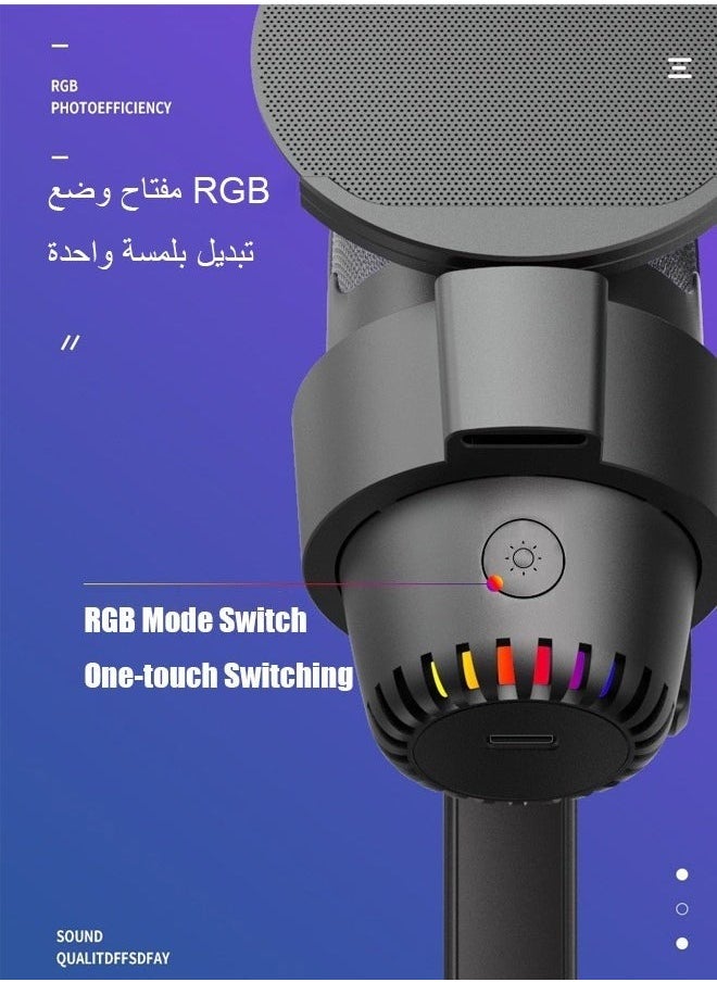 RGB microphone, USB condenser microphone, smart noise reduction microphone Colorful microphone One-touch mute, recording, singing, live streaming Suitable for streaming, podcasting, Twitch, YouTube, Discord, PC (black)