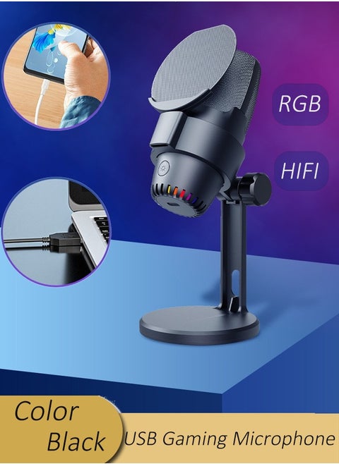 RGB microphone, USB condenser microphone, smart noise reduction microphone Colorful microphone One-touch mute, recording, singing, live streaming Suitable for streaming, podcasting, Twitch, YouTube, Discord, PC (black)