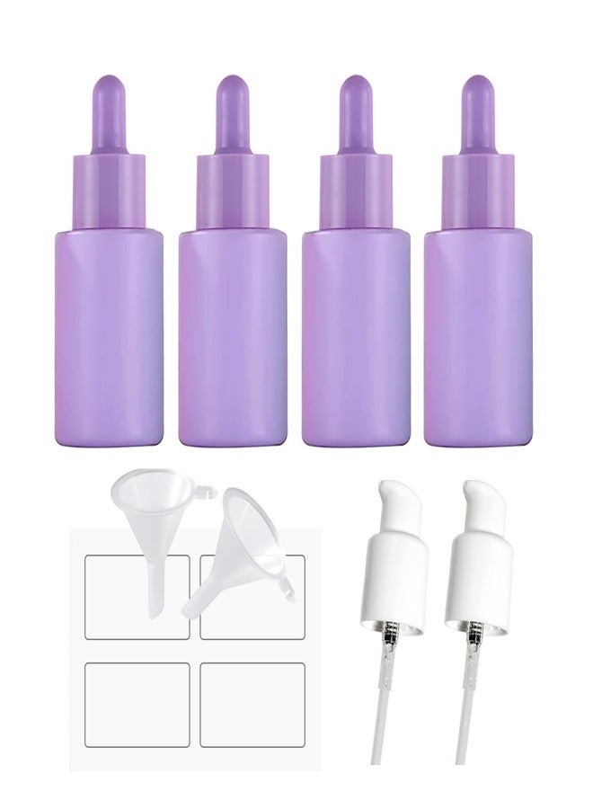 AGENIZ 4 Pack Glass Dropper Bottles, Purple Coated with 2 Funnels & 2 Lotion Pumps, 30 ml Essential Oil Bottles - Image 1