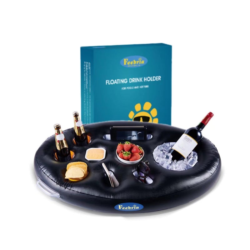 FEEBRIA Inflatable Pool Drink Holder with Large Capacity Floating Drink Float for Hot Tub Pool Beach Party Holds Drinks Phones Snacks Easy Inflation Black