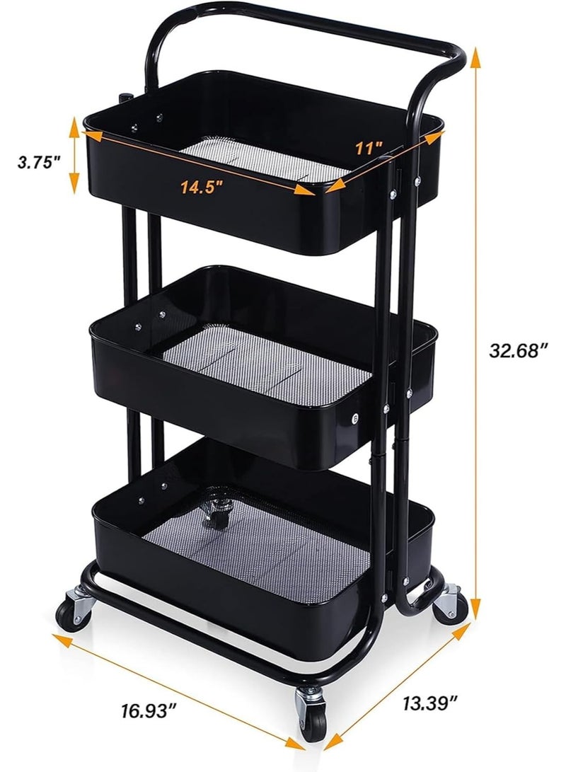 3 Tier Utility Cart Trolley with Wheels, Black - Image 4