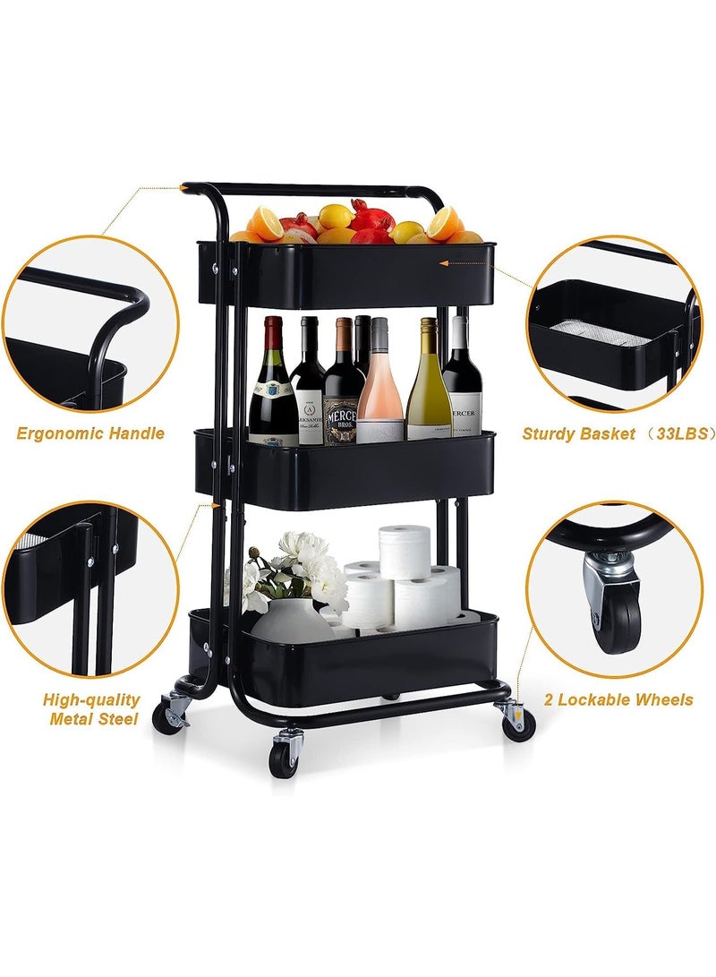 3 Tier Utility Cart Trolley with Wheels, Black - Image 3