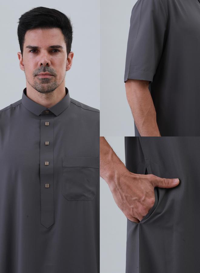 Take Two Men Solid Button Placket Short Sleeve Thobe - Image 4