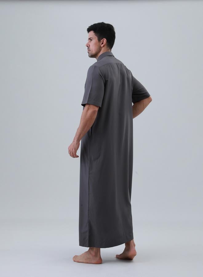 Take Two Men Solid Button Placket Short Sleeve Thobe - Image 3