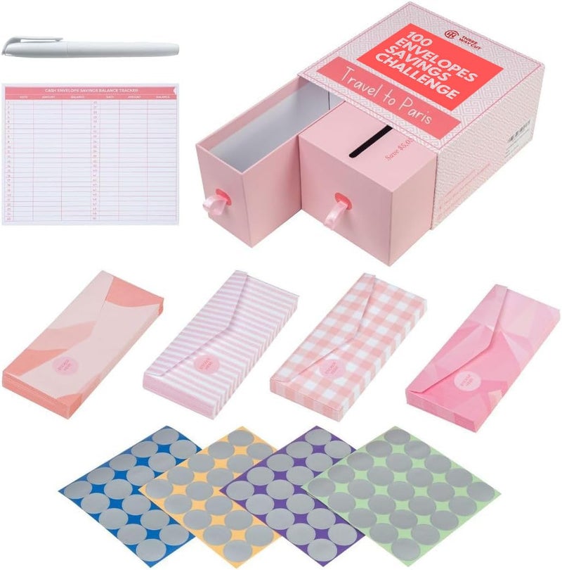 THREE WAY CUT 100 Envelopes Money Saving Challenge Pink - Save 5050 Dollars In 100 Days Premium Kit, 100 Cash Envelopes & Organizer Box Set, Trendy Tiktok & Youtube Bucks Savings Challenge, Fun Gift Ideas - Image 1