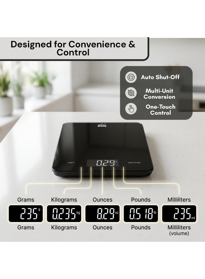 EFAHS Digital Kitchen Scale  High Precision Food Weighing Scale  LED Display  Tare Function  Multi-Unit Conversion  10kg Capacity  Black - Image 1