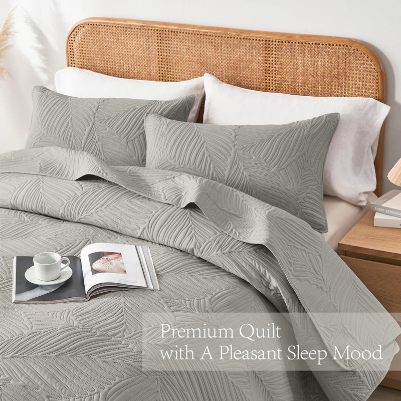 OARAGE Queen Quilt Bedding Set Soft Lightweight Grey Bedspread with Leaf Pattern Ultrasonic Microfiber Bed Coverlet Full Size for All Season (1 Quilt  2 Shams) - Image 3