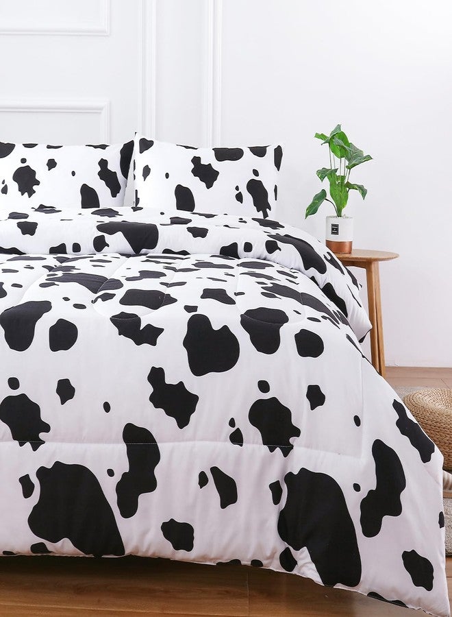 PERFEMET Cow Print Full Comforter Set Boys 3 Piece Cartoon Milk Bedding Set Cowhide Bed Set Reversible Plaid Teen Girls Bed Sets with Pillowcases (Full, Black and White) - Image 1