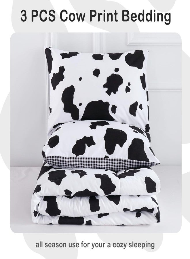 PERFEMET Cow Print Full Comforter Set Boys 3 Piece Cartoon Milk Bedding Set Cowhide Bed Set Reversible Plaid Teen Girls Bed Sets with Pillowcases (Full, Black and White) - Image 2