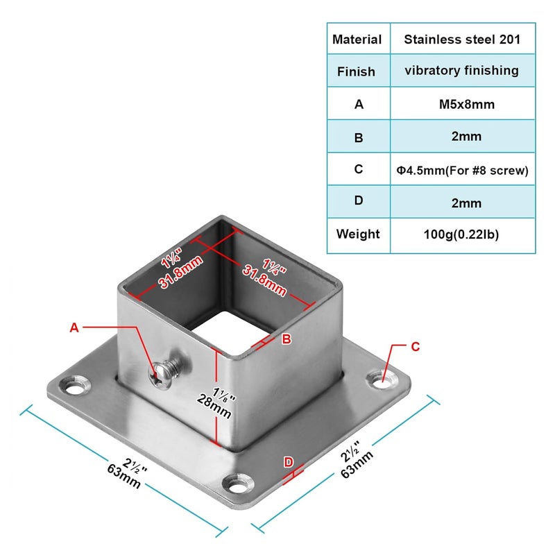 eoere 8 PCS 1-1/4" Square Newel Post Flange Base, Metal Floor Deck Rail Systems for 1-1/4" x 1-1/4" Fence or Deck Mount Post Fittings - Image 2