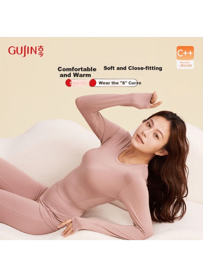 Gujin Autumn Winter Fleece Lined Thermal Set Women's Long Sleeve Round Neck Thickened Warm Underwear - Image 3
