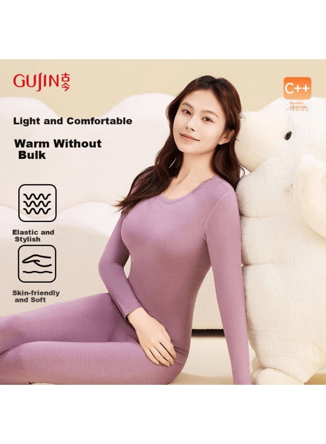 Gujin Autumn Winter Fleece Lined Thermal Set Women's Long Sleeve Round Neck Thickened Warm Underwear - Image 1