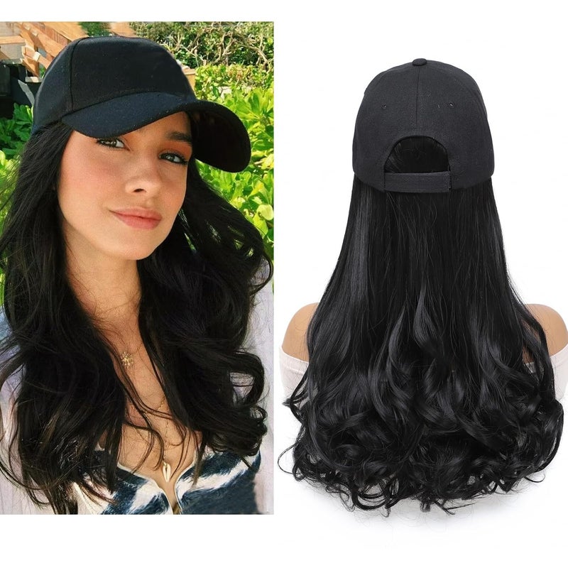 Yunkang Hat Wig Baseball Cap With Long Wavy Ends Straight Hair Extensions Attached Heat Resistant Synthetic Fiber Hair Replacement Wigs in Hat for Woman Girls Black 18inch